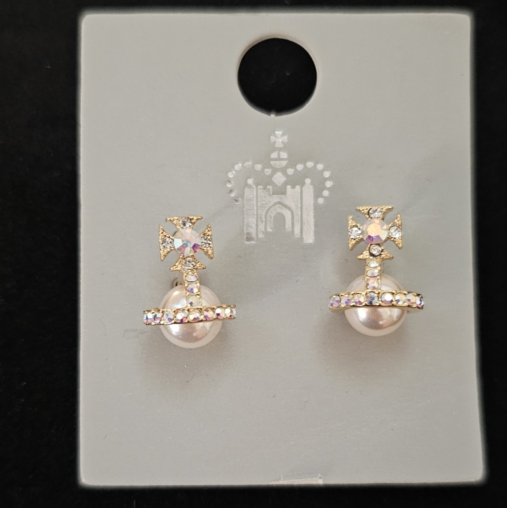 Historic Royal Palace Crystal and Pearl Orb post earrings for pierced ears.